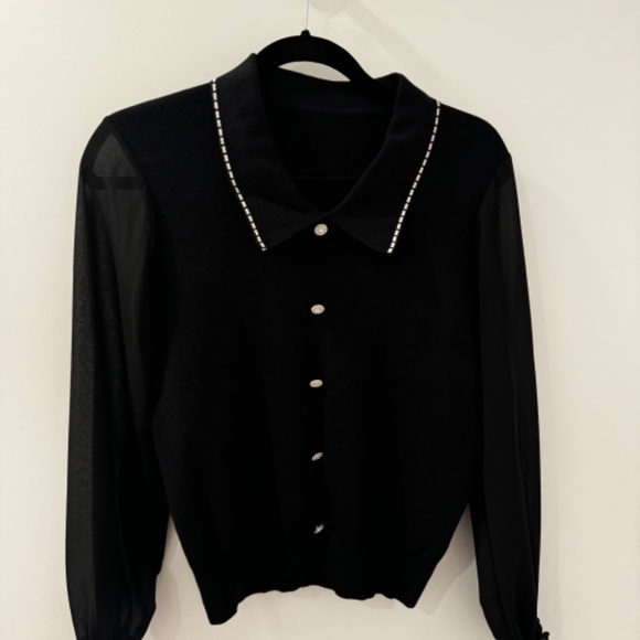 J.ING Malika Vintage-Inspired Black Collared Cardigan with Sheer Sleeves - Picture 9 of 11